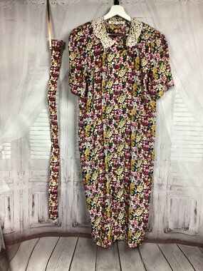 Ms Chaus Vintage 90s Floral Dress Midi Dress w/ Belt 14